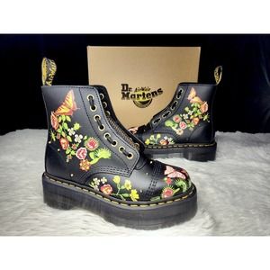 Dr Martens Sinclair Floral Bloom Flower Leather Platform Boots Black Womens sz 5